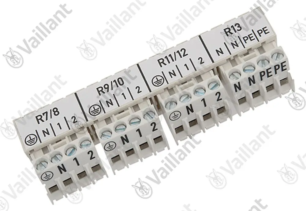 Vaillant Steckverbinder mit verschiedenen Anschlussmöglichkeiten, beschriftet mit R7/8, R9/10, R11/12, R13 und entsprechenden Leitungsbezeichnungen.